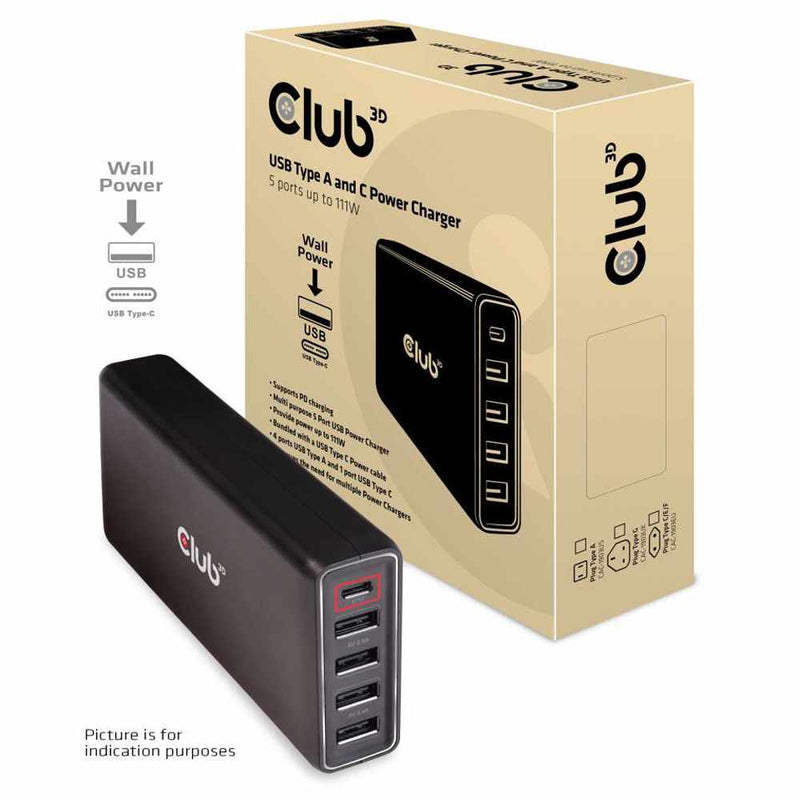 Club3D USB and USB-C Power Charger/5 Ports up to 111W USB-C Charging Cable Inclusive Black