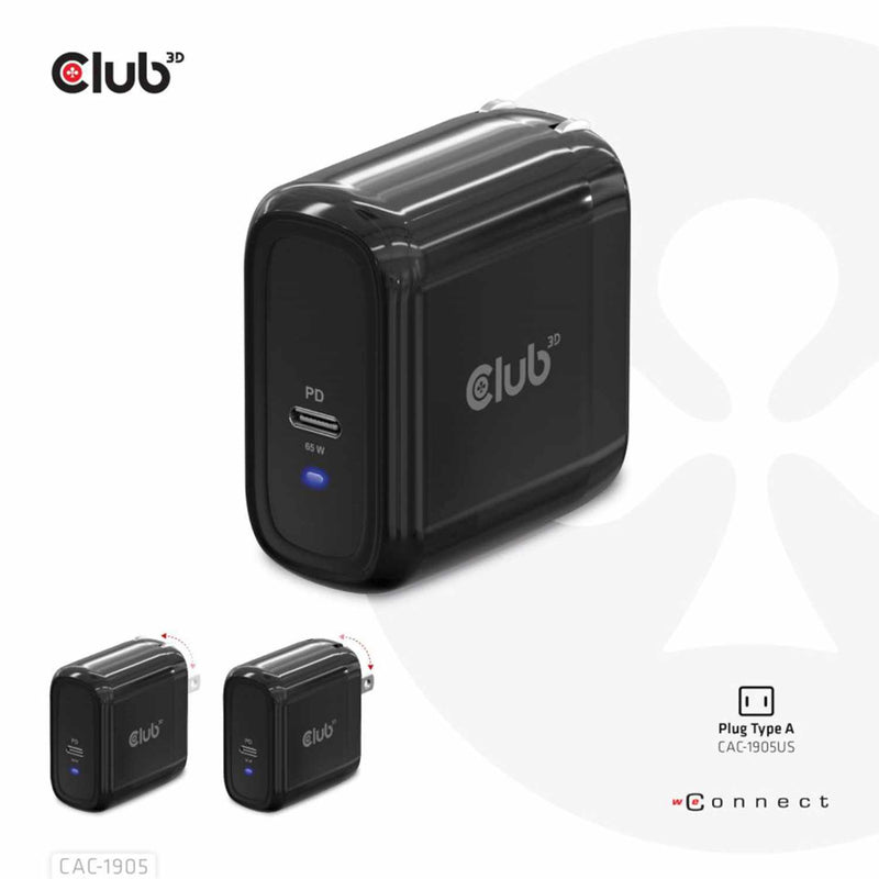 Club3D Travel Charger PPS 65W GAN Single Port USB-C and Power Delivery 3.0 Support Black