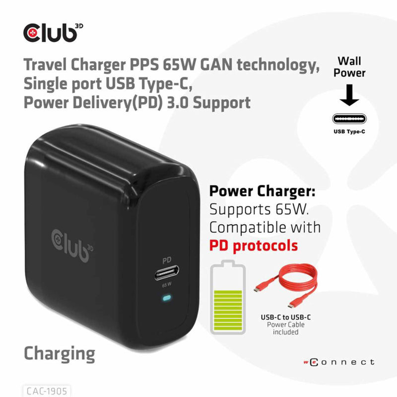 CAC1905 Travel Charger PPS 65W GAN Single Port USB-C and PD Black