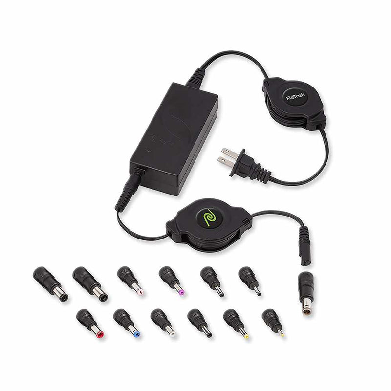 Helix/Retrak Universal Retractable Laptop Charger with 13 Adapter Tips 65W Black