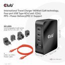 Club3D International Travel Charger 140W GaN  Four Port USB-A( 1x)/USB-C(3x)/PPS + PD 3.1 Black
