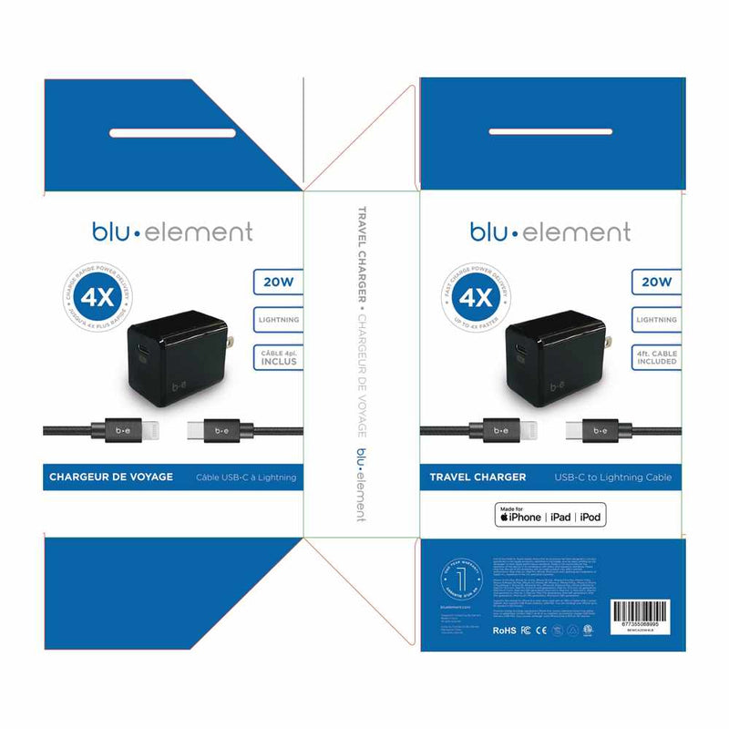 Blu Element Wall Charger USB-C 20W PD with USB-C to Lightning Cable 4ft Black