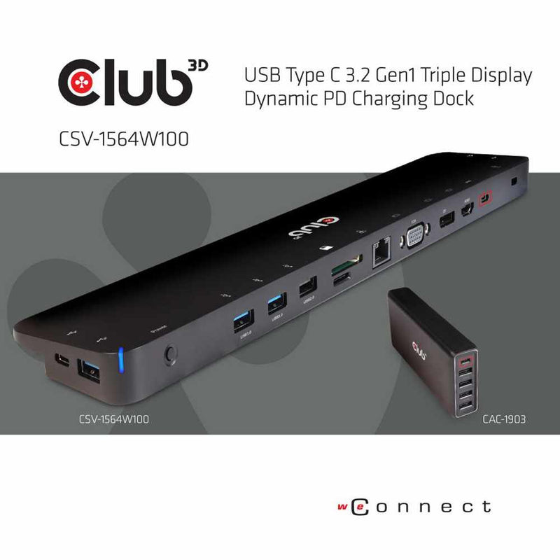 Club3D USB 3.2 Gen1 Type-C Triple Display Power Delivery Charging Dock with 100W Power Supply Black