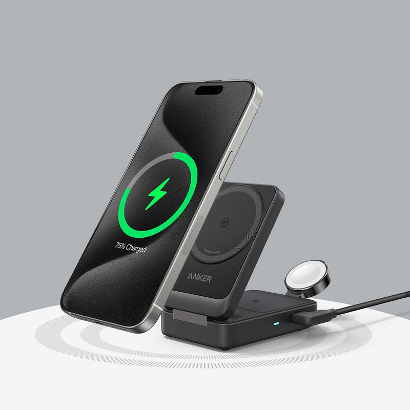 B2557J115 MagGo Qi2 3-in-1 15W Wireless Charging Station with MagSafe Black