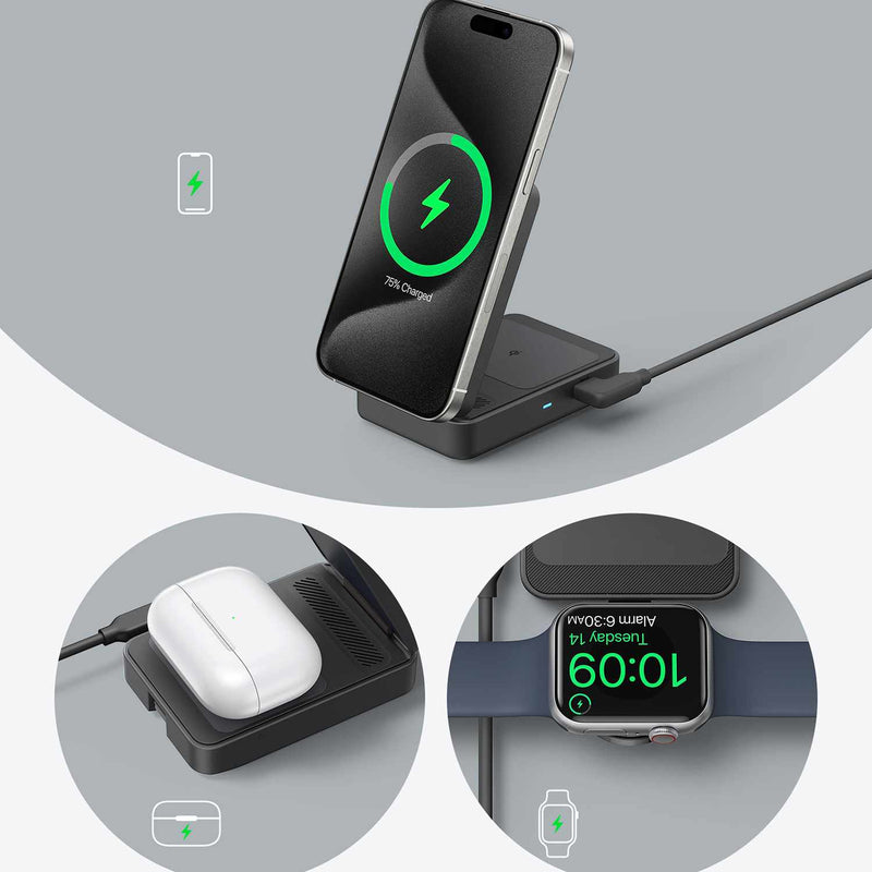 B2557J115 MagGo Qi2 3-in-1 15W Wireless Charging Station with MagSafe Black