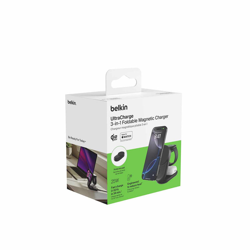 Belkin UltraCharge 3-in-1 Qi2 Foldable Magnetic Charger 25W Black