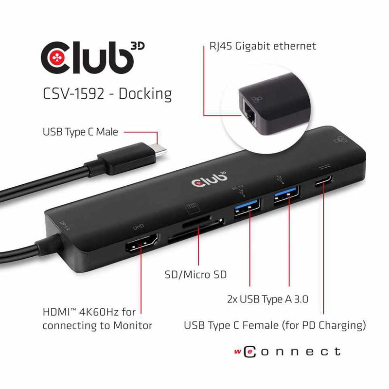 CSV1592 USB-C 7 in 1 Hub to HDMI 4K60HZ+SDTF Card Slot + 2X USB + USB-C PD + RJ45 Gray