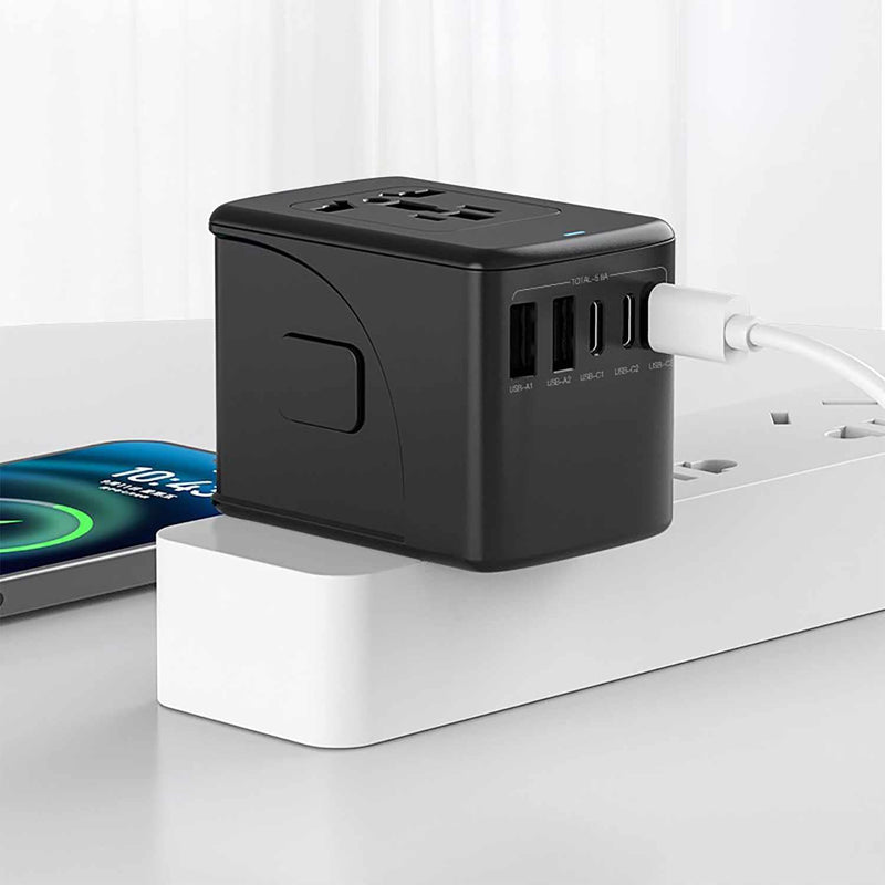 LKJCGSL2003C2ABK Universal Travel Adapter 2 USB-A & 3 Type C Ports 5.8A Output with Nylon Pouch Black