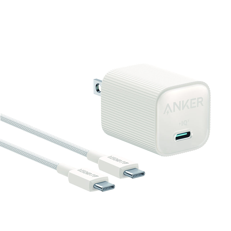 Anker Nano USB-C Wall Charger 30W with AKSD 3ft C-C Eco Braided Cable White