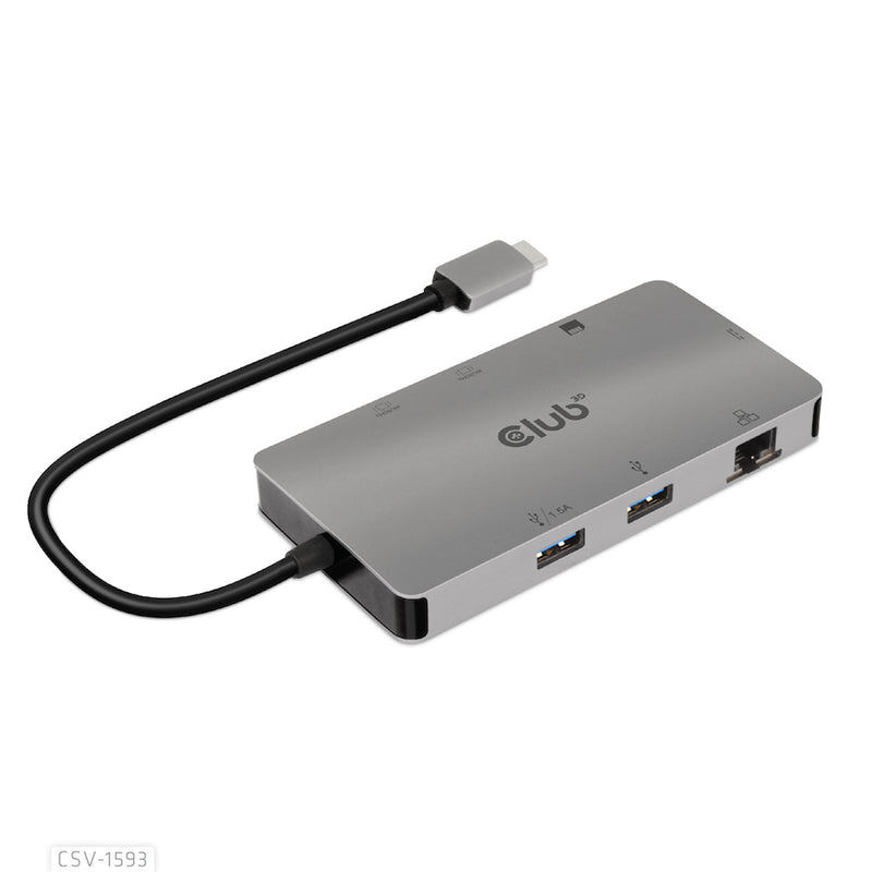 Club3D USB-C 3.2 Gen 1 8-in-1 Hub with 2X HDMI/2X USB/RJ45/SD/Micro SD Card Slots and USB-C Female Port Adapter Gray